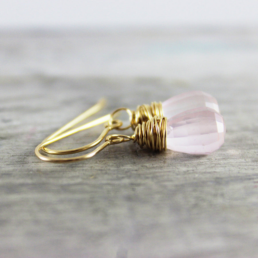 Pink Rose Quartz Gold Drop Earrings