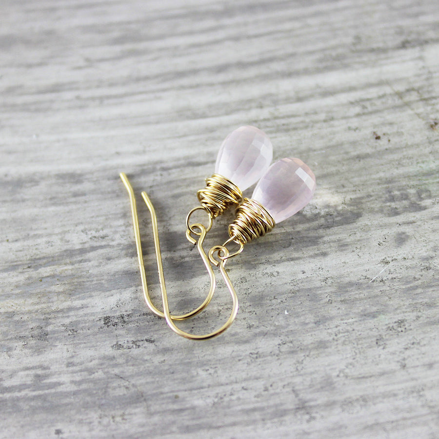 Pink Rose Quartz Gold Drop Earrings